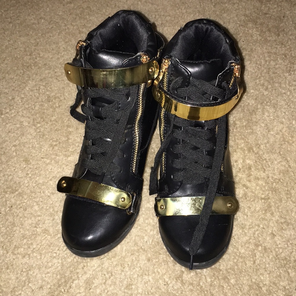 Black and gold wedge sneakers